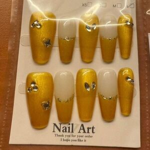 Gold Press On Nails Rhinestone Accent Manicure‎ Nail Art False Nails